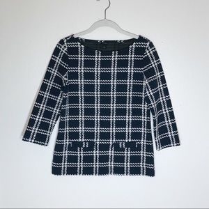 Ann Taylor blouse plaid navy white 3/4 sleeve XS